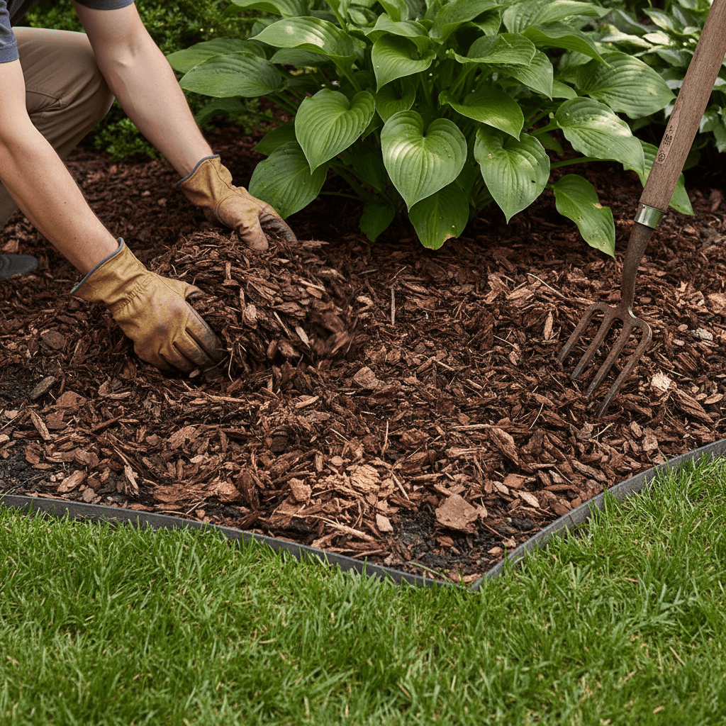 Fresh dark brown mulch spread around a hosta plant in a garden bed
