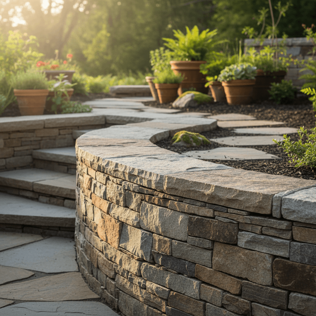 Curved retaining wall with terrace and stone path