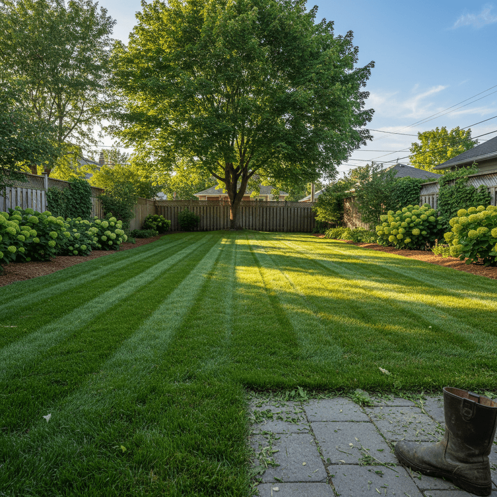 Lush green striped lawn with a gardener's boot on the edge