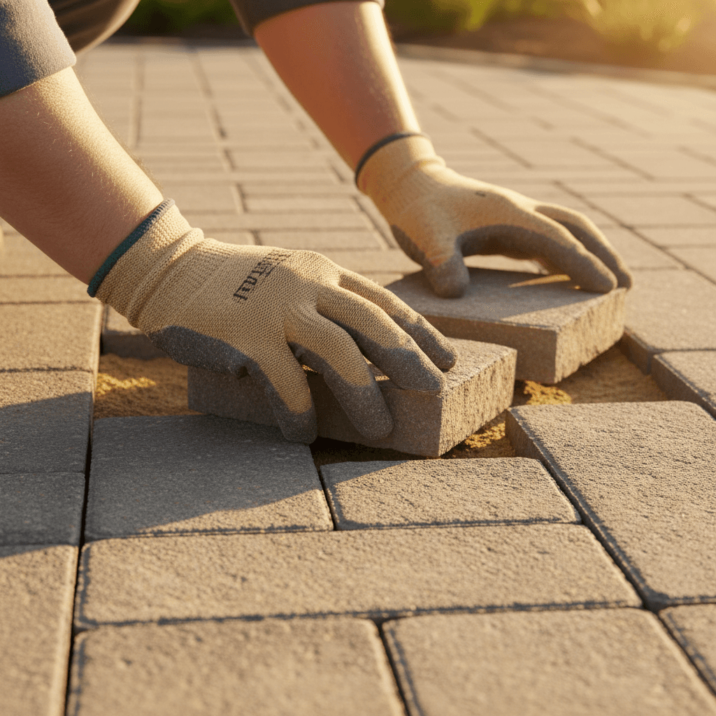 Landscaper installing a stone paver