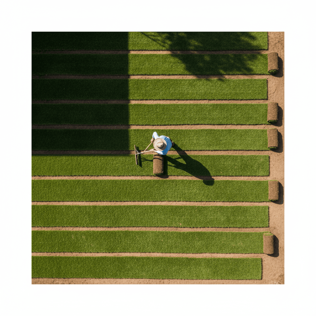 Fresh green sod rolls laid in parallel rows with a rake beside them