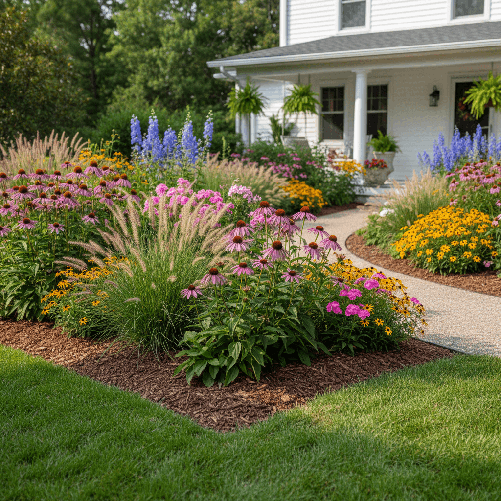 Front garden planting with perennials and a stone path