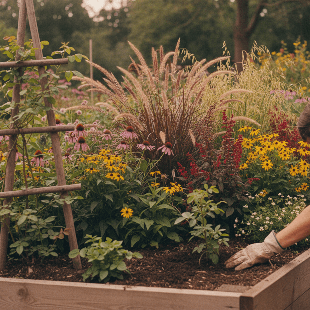 Hand in work glove planting a perennial in fresh soil