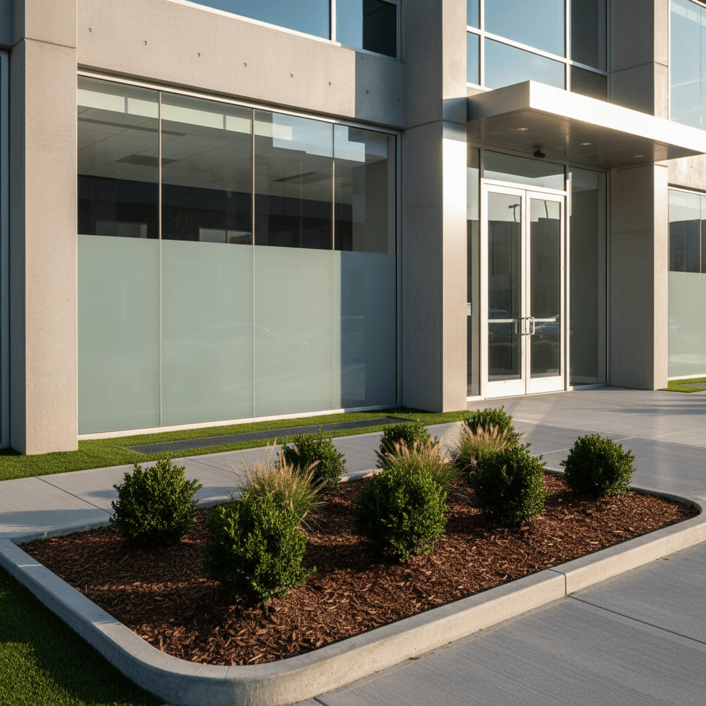 Commercial landscaping at a property entrance