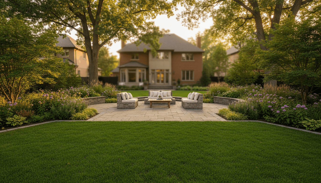 Professionally landscaped backyard with interlocking patio and garden beds