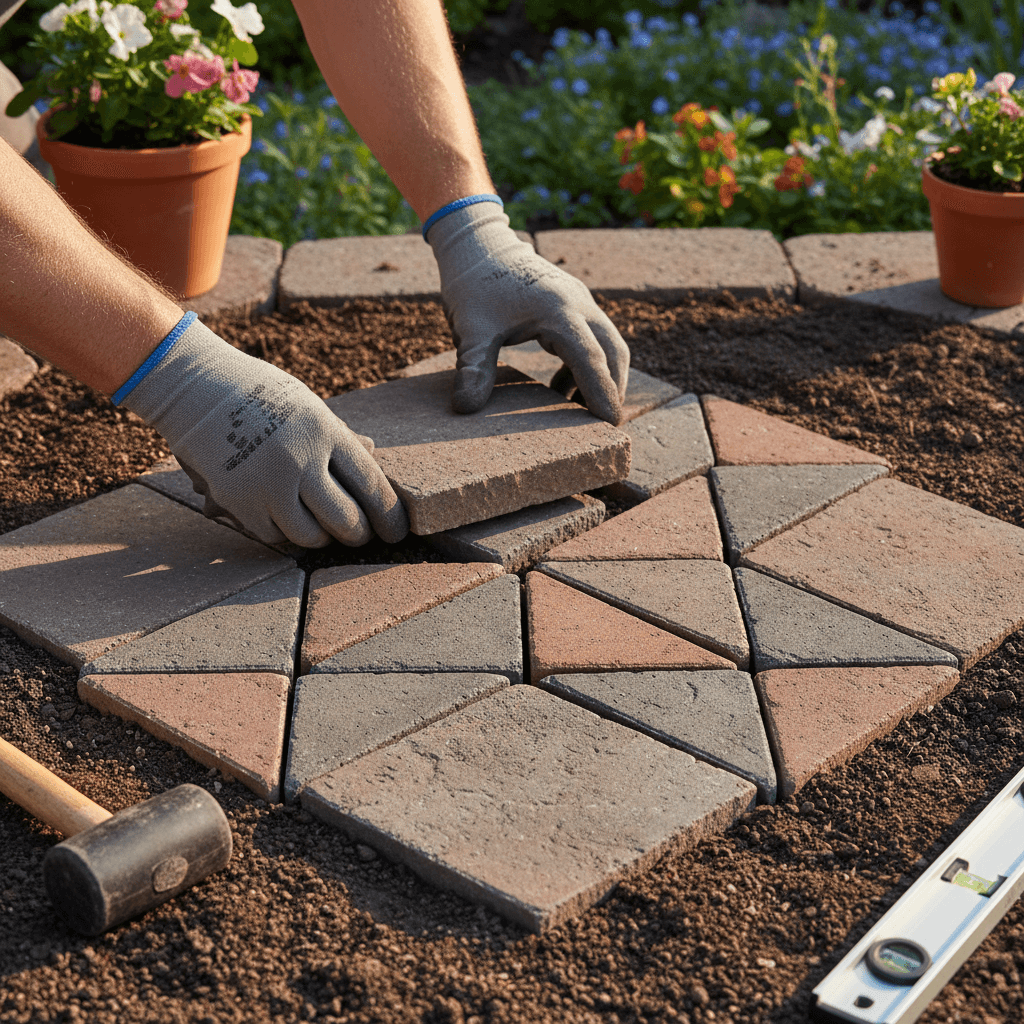 Hands leveling an interlocking patio stone during hardscape construction