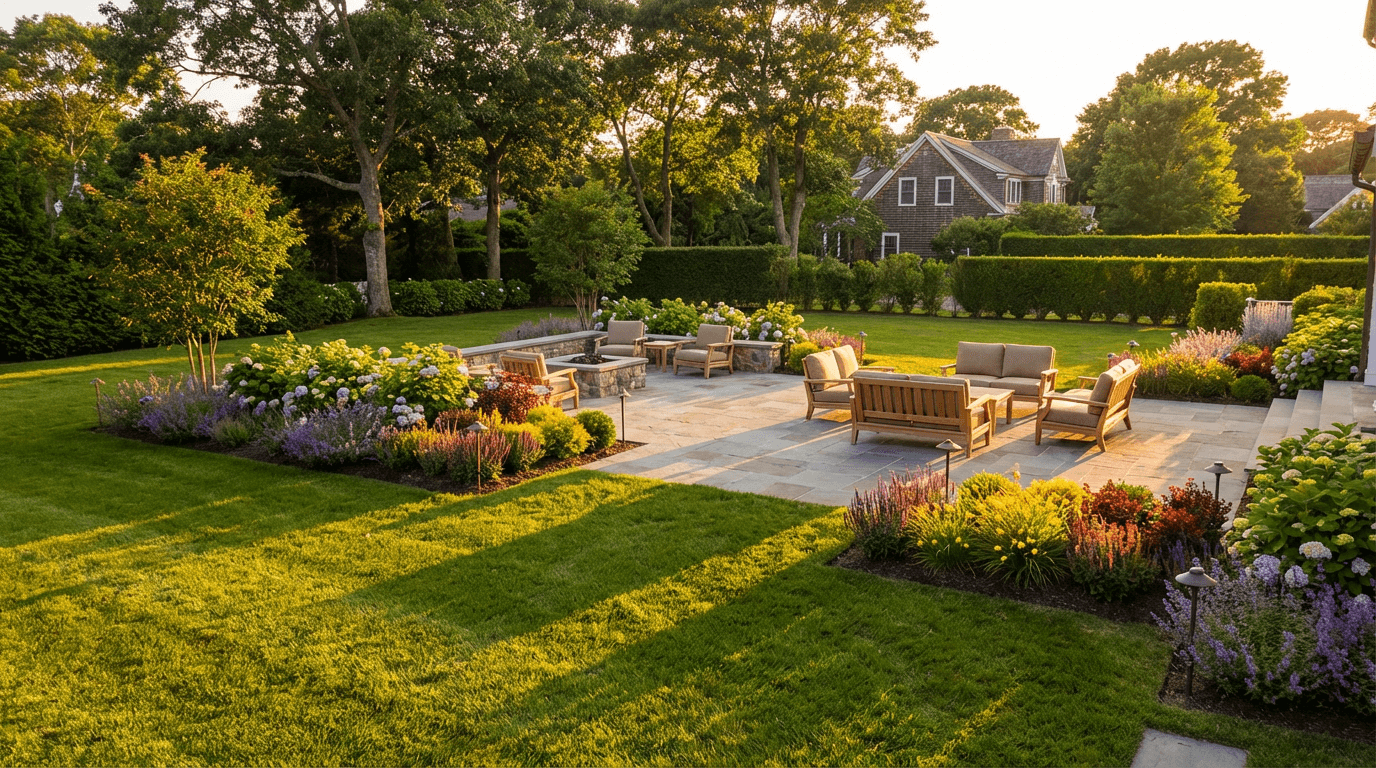Completed landscaping project with interlocking patio and garden beds