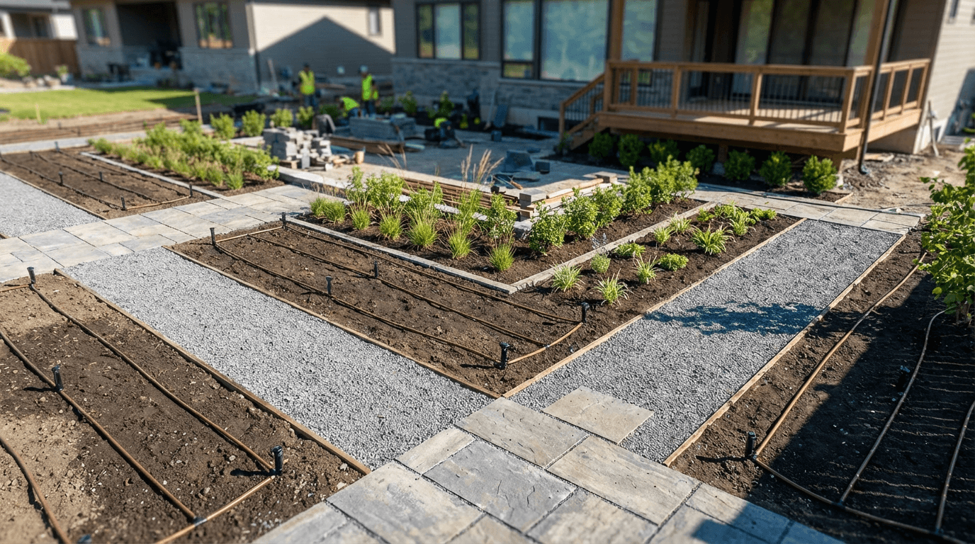 Landscaped backyard with interlocking patio and green lawn in Toronto
