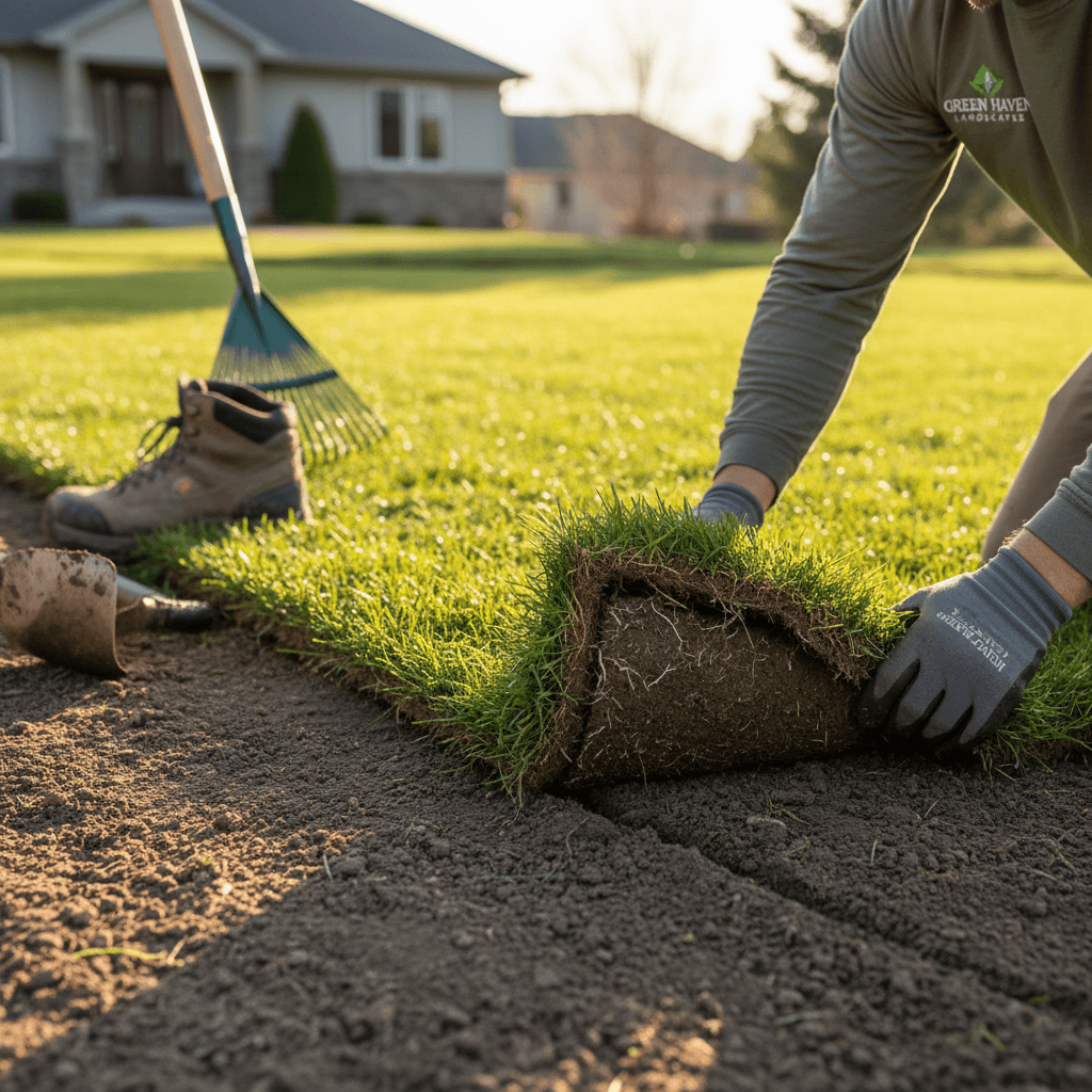 Fresh sod being rolled out onto prepared soil in a Toronto yard