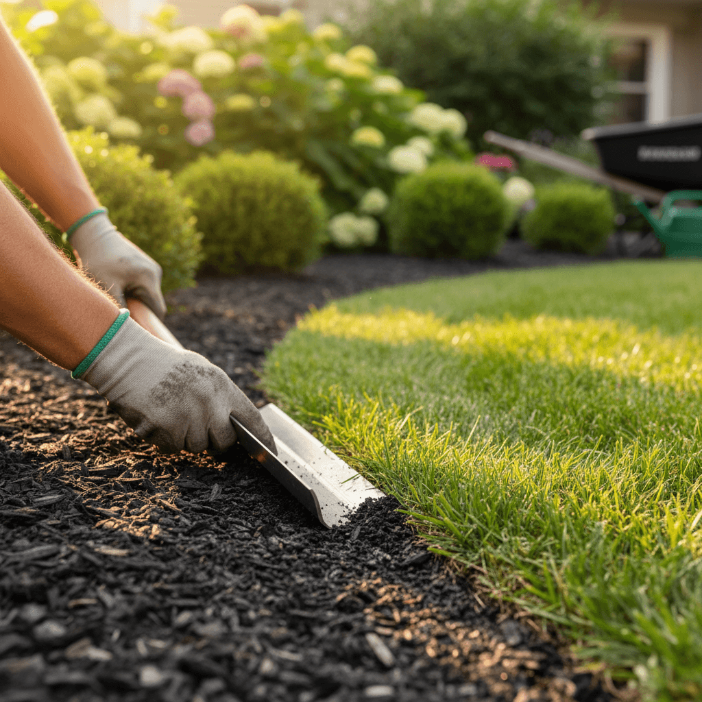 Garden bed installation with fresh mulch and perennials