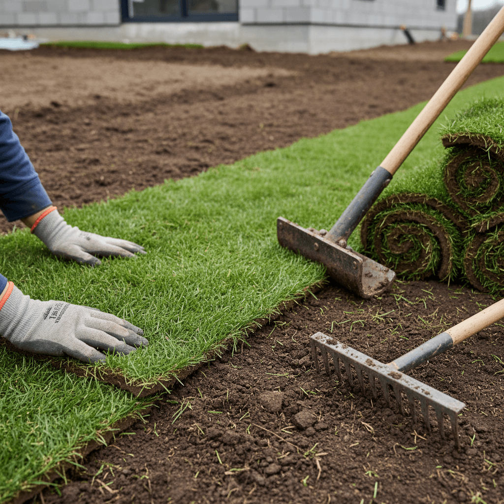 Laying fresh sod on a front lawn