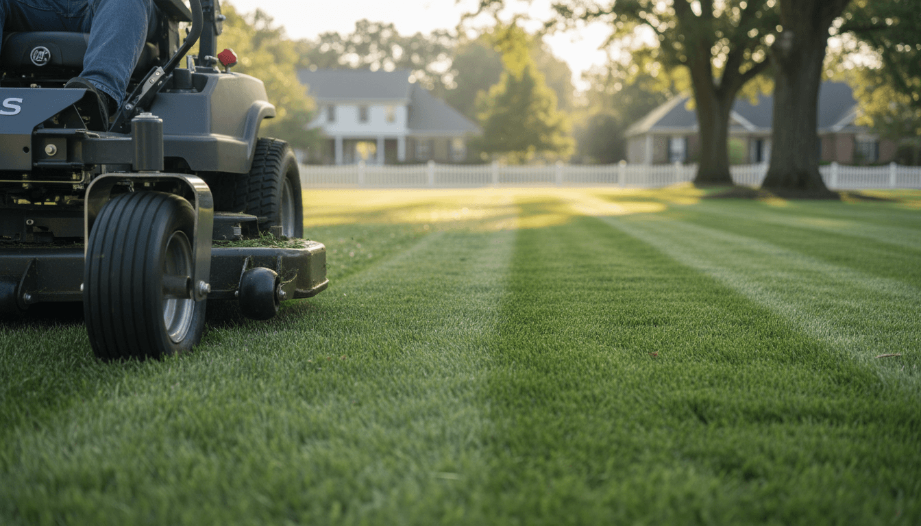 Freshly mowed lawn with clean edges and a landscaper finishing the border