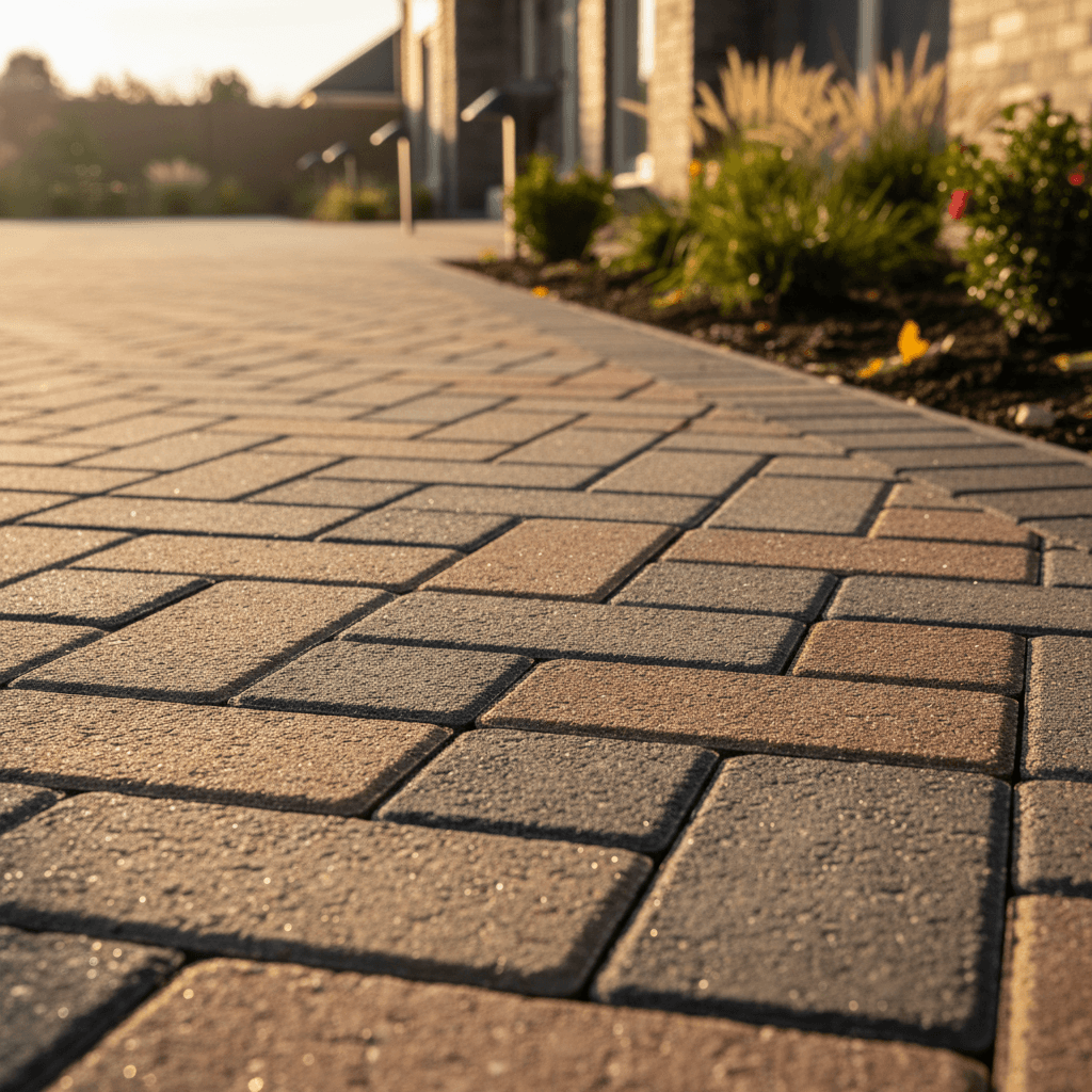 New interlocking brick driveway in herringbone pattern with sand being swept in