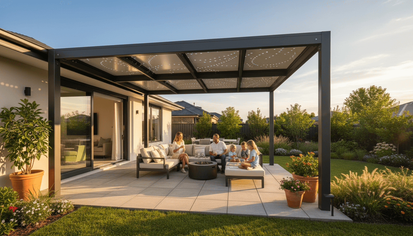 Completed backyard patio with fire pit and lighting