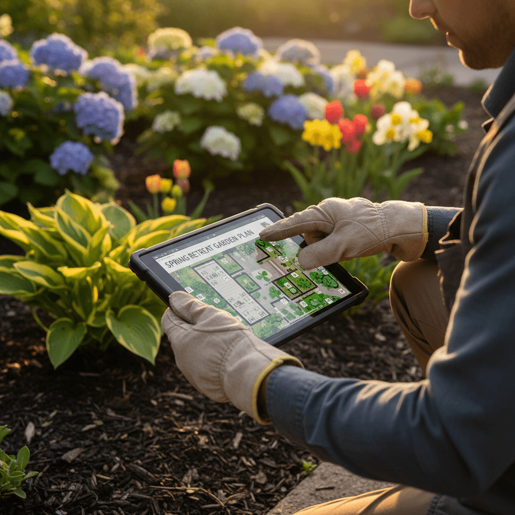 Landscaper reviewing a planting plan in a backyard ready for installation