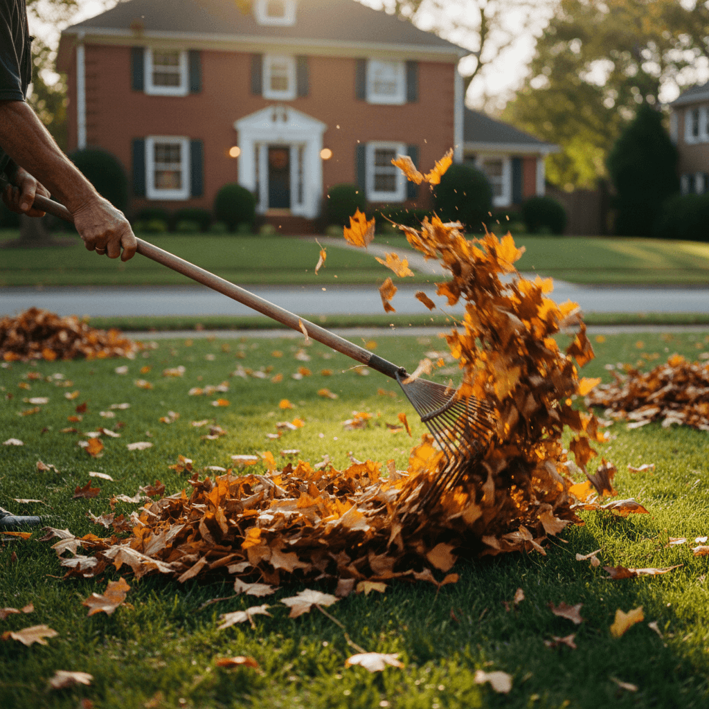 Landscaper collecting fallen leaves into a yard waste bag during a fall cleanup